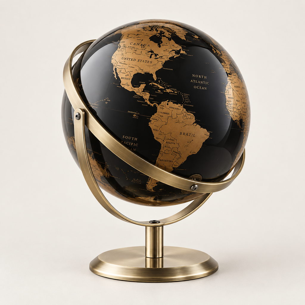 Globe terrestre 3D noir et bronze — vue trois-quarts