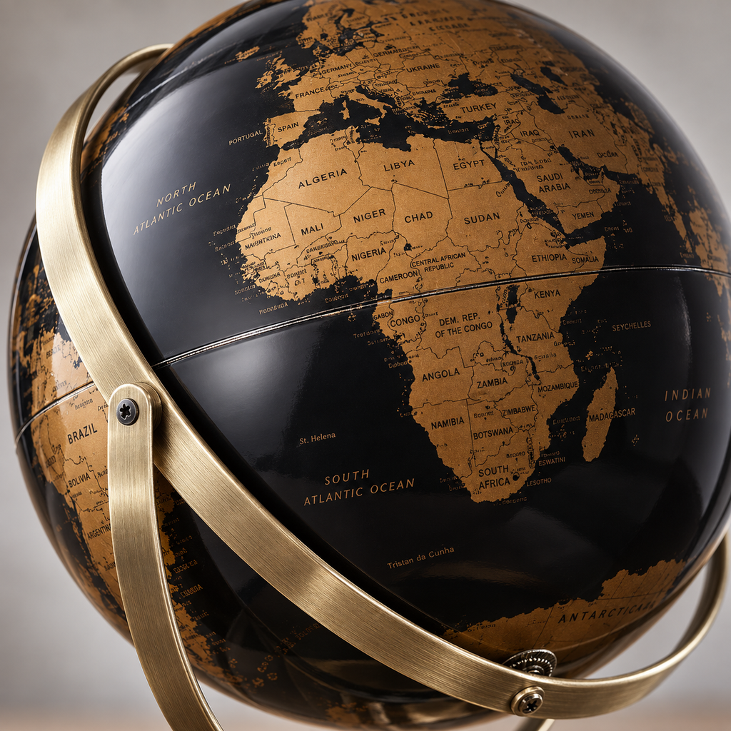 Globe terrestre 3D noir et bronze — détail de la cartographie