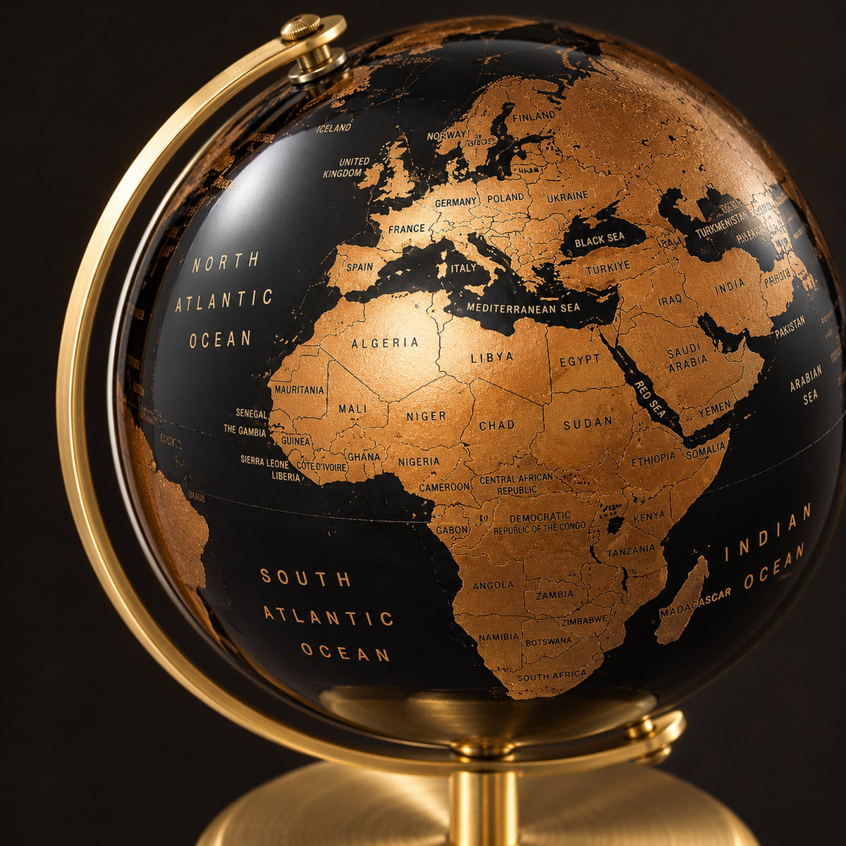 Globe Terrestre Petit De Table Noir Et Bronze — détail de la cartographie Image